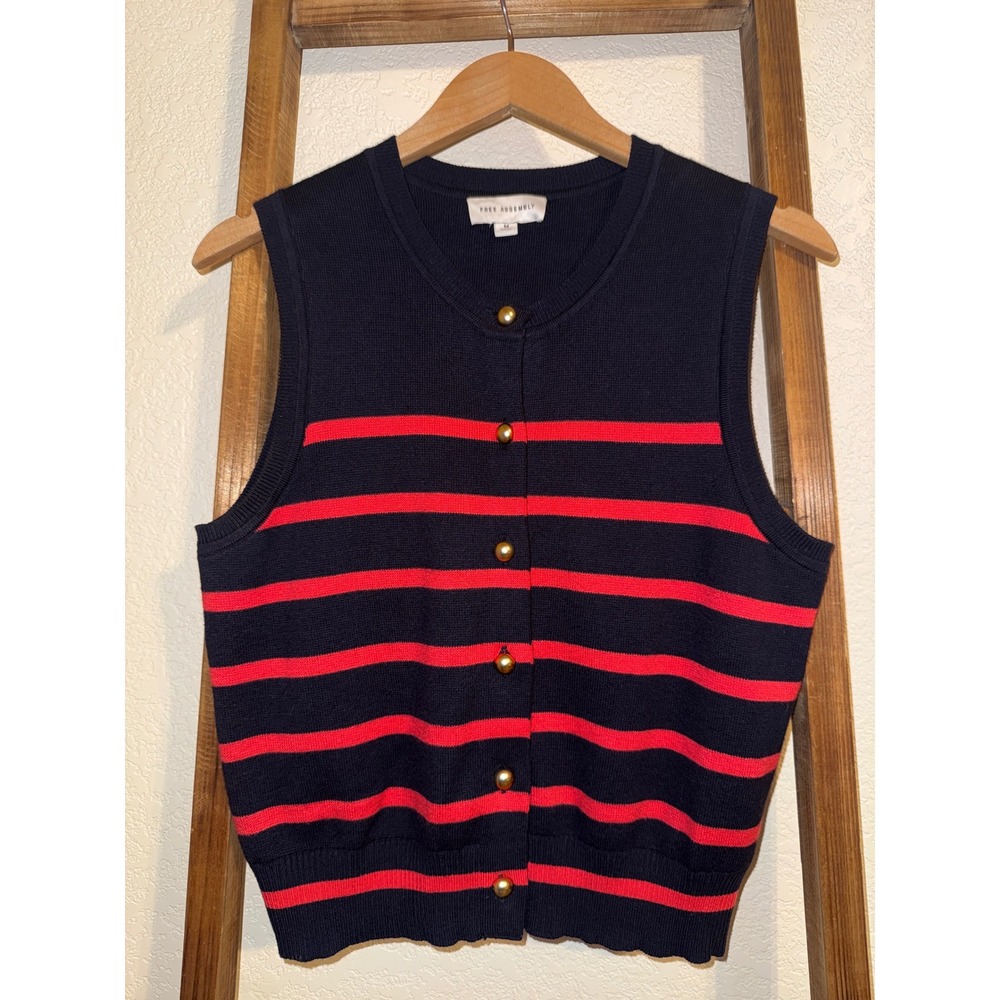 Free Assembly Navy Blue Red Striped Knit Sweater Vest Gold Buttons Medium